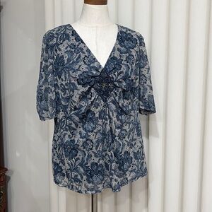 NY Collection Floral lace print mesh V-Neck blouse Short Sleeve embellished 2X
